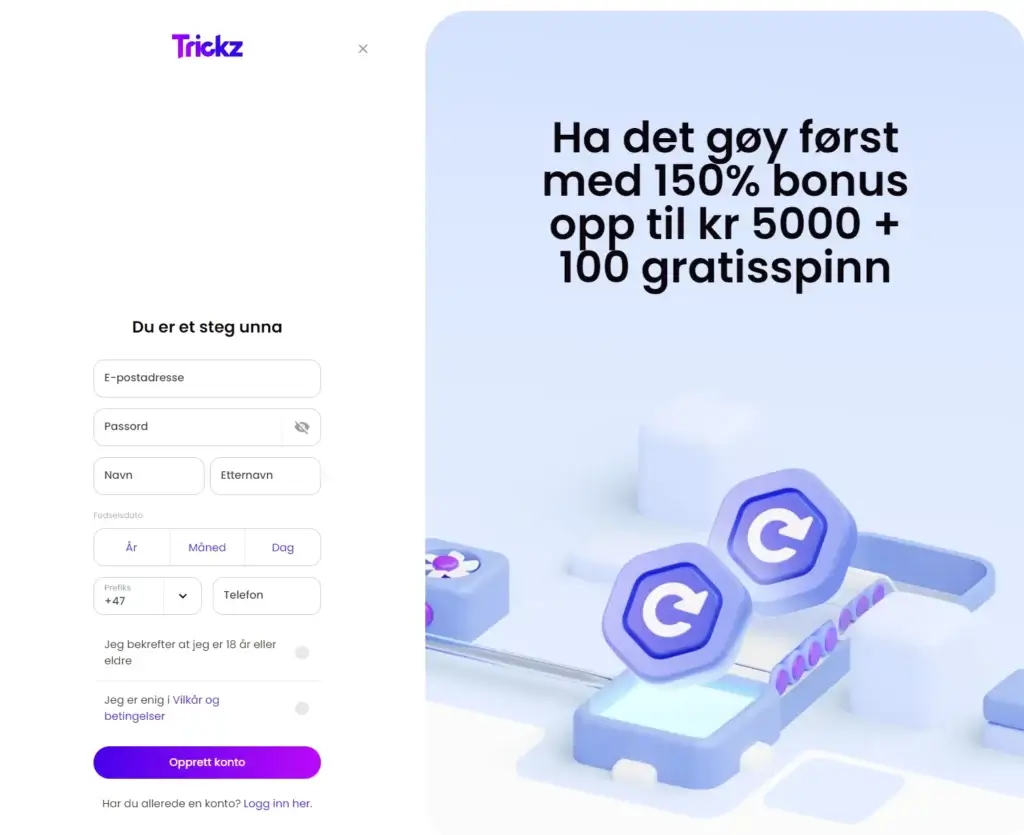 Registrerer du konto hos Trickz og motta opptil 5000 kr på ditt første innskudd.