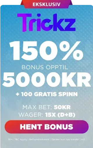 Trickz Casino bonuspanel som viser eksklusivt velkomsttilbud