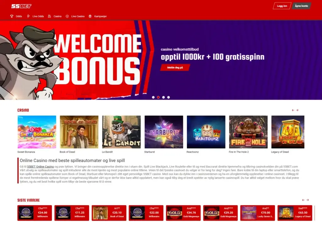 Slik aktiverer du velkomstbonusen hos 55bet