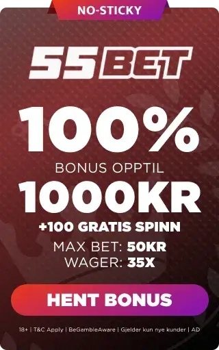 55bet bonuspanel som viser velkomstilbudet