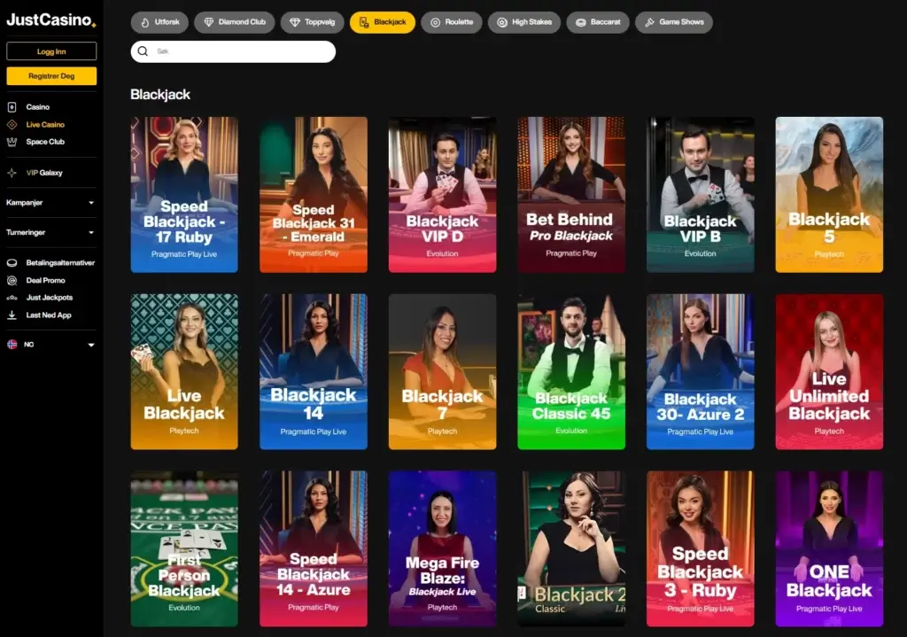Nettcasinoer som tilbyr Live Dealer Blackjack. Just Casino