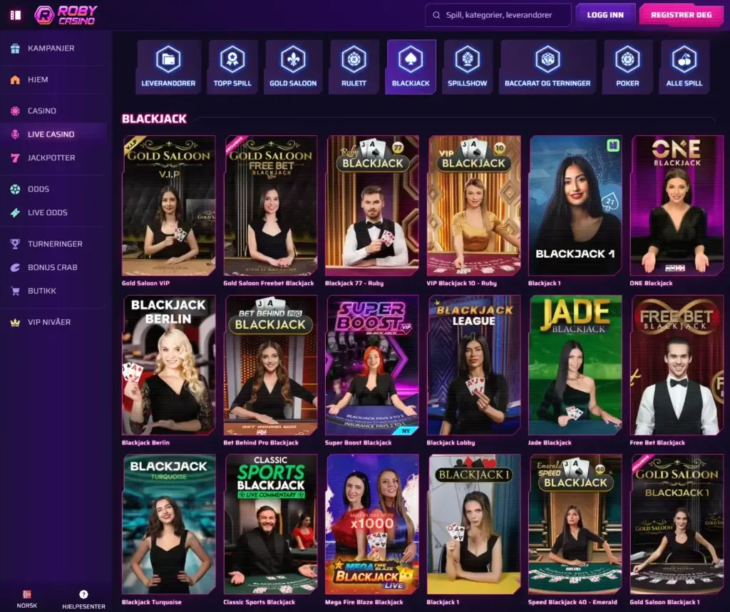 Nettcasinoer som tilbyr live blackjack. Robycasino