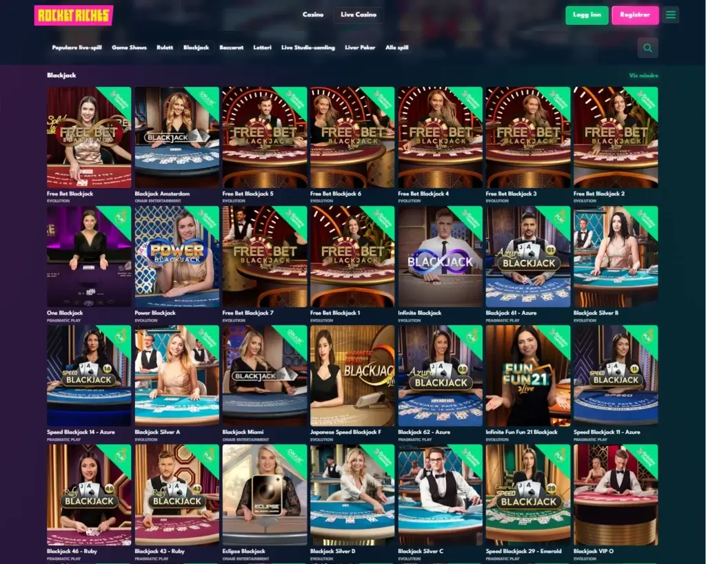 Nettcasinoer som tilbyr live blackjack.. Rocket Riches