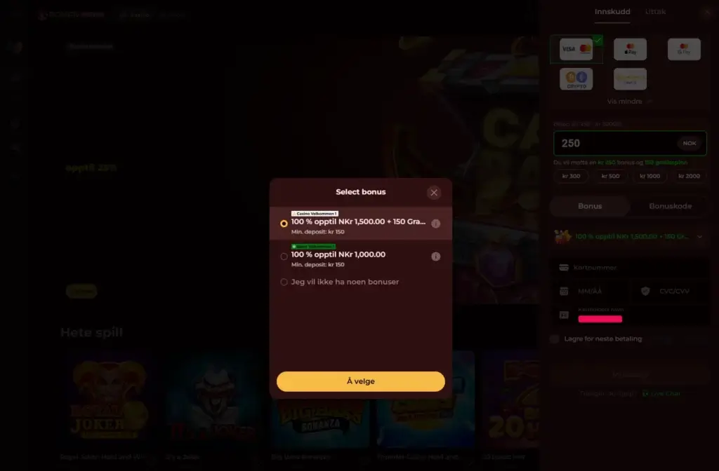 Velg din velkomstbonus på casino eller odds