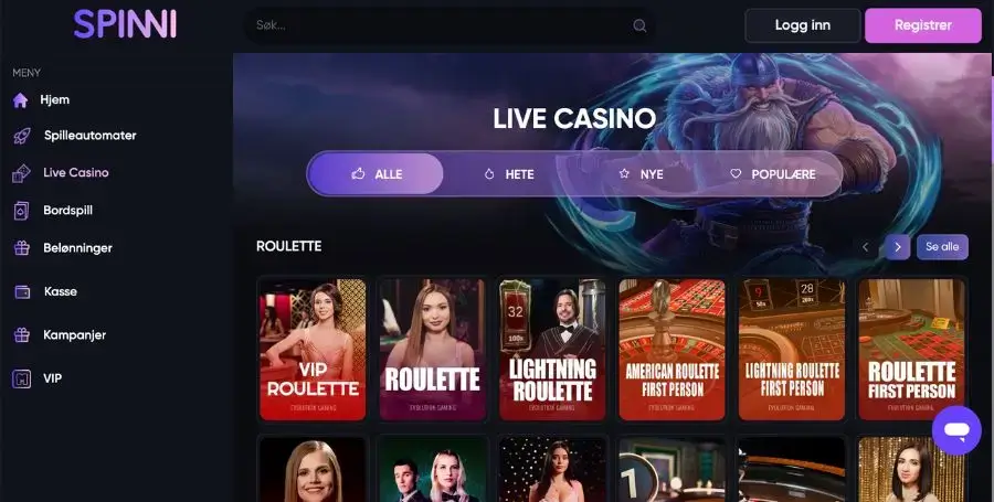Spinni live casino-spill