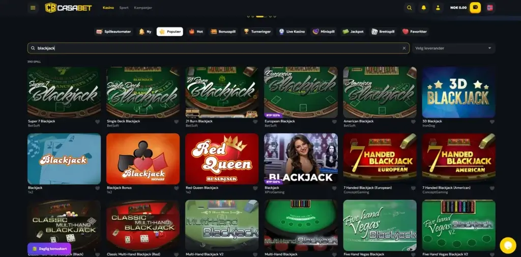Søkeresultat for blackjack spill hos Casabet gjennom søkefeltet på casinoet deres