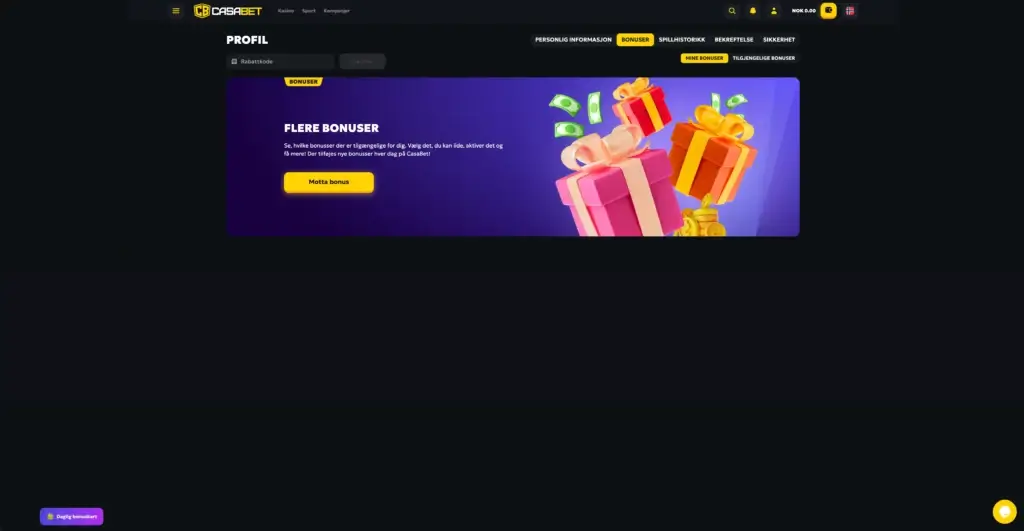 Oversikt over bonuser tilgjengelig gjennom profil på Casabet