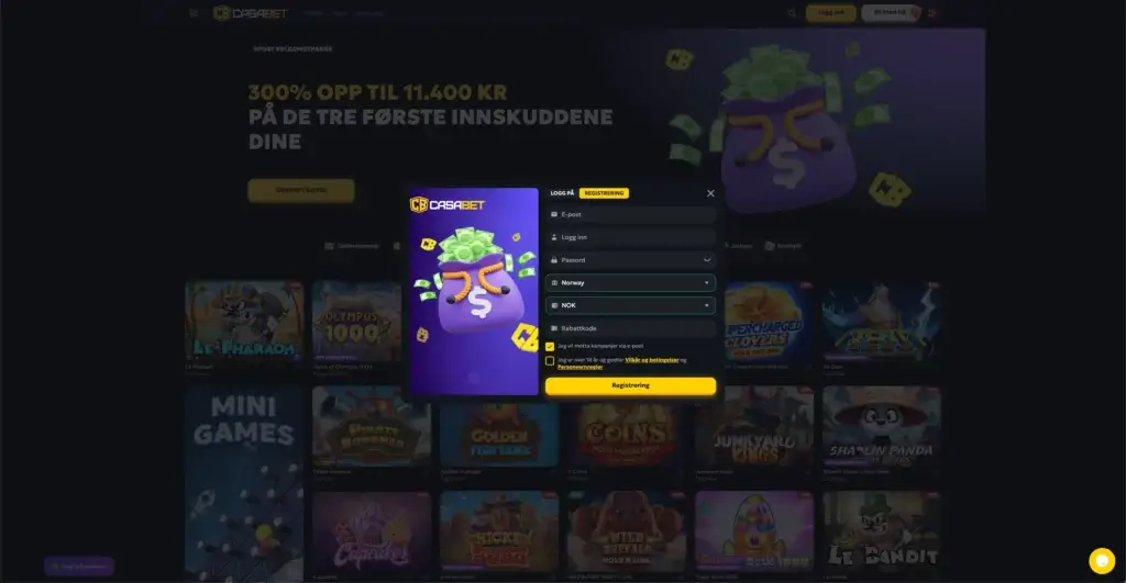 Registreringsskjema for å opprette konto hos Casabet casino