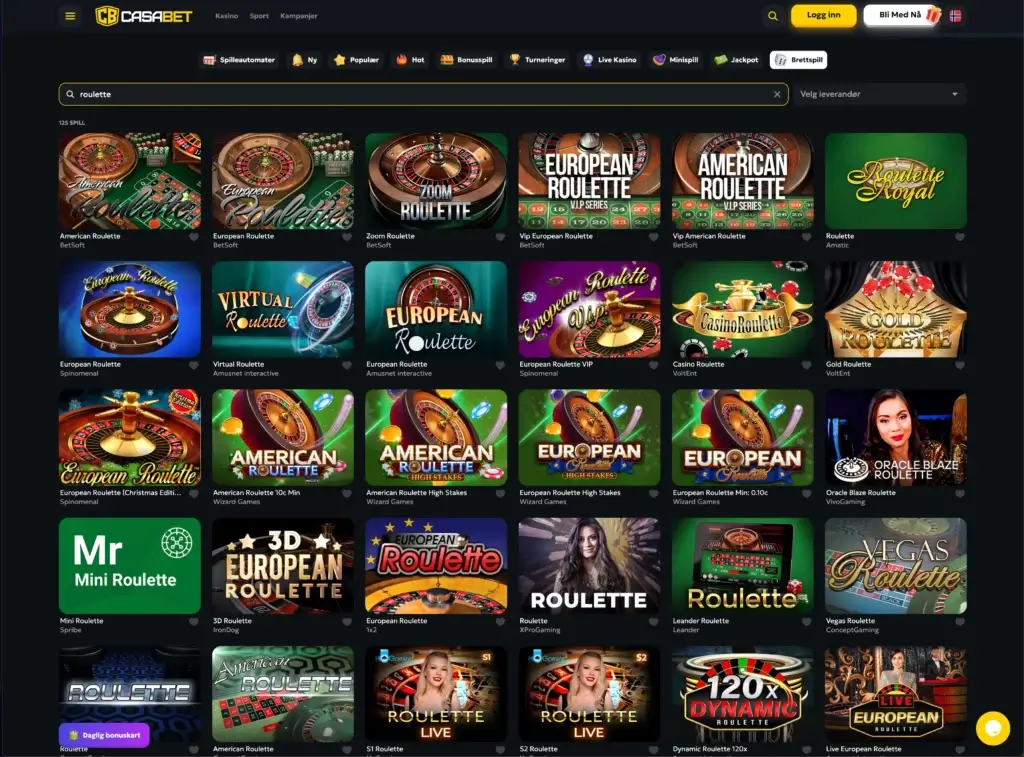 Søkeresultat for roulette spill hos Casabet gjennom søkefeltet på casinoet deres