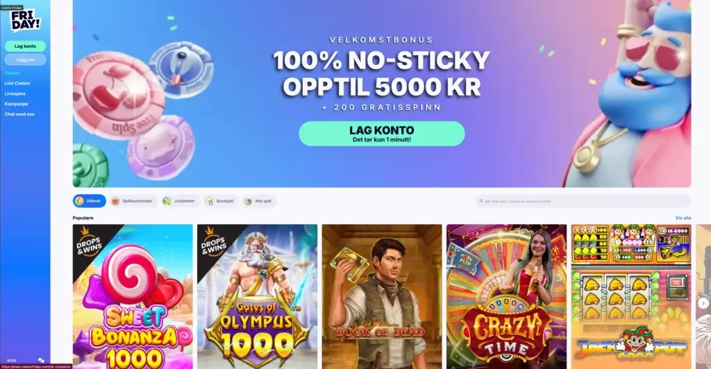 CasinoFriday fremside som viser slots og velkomsttilbud