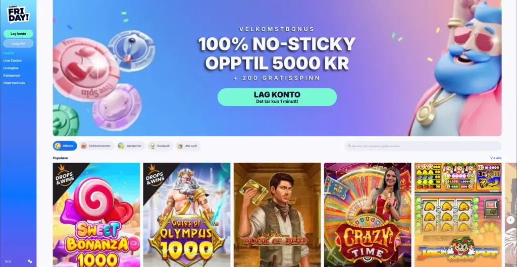 Casino Friday startside for å opprette konto og spille med ethereum