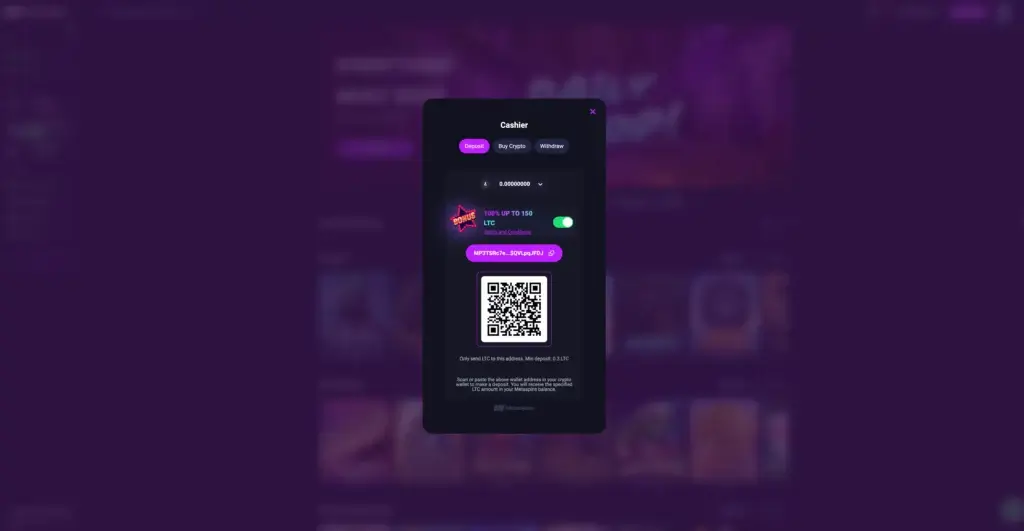 Metaspins innskuddsmeny med barcode for litecoin