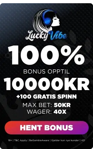 Lucky Vibe Casino bonuspanel som viser velkomsttilbudet.