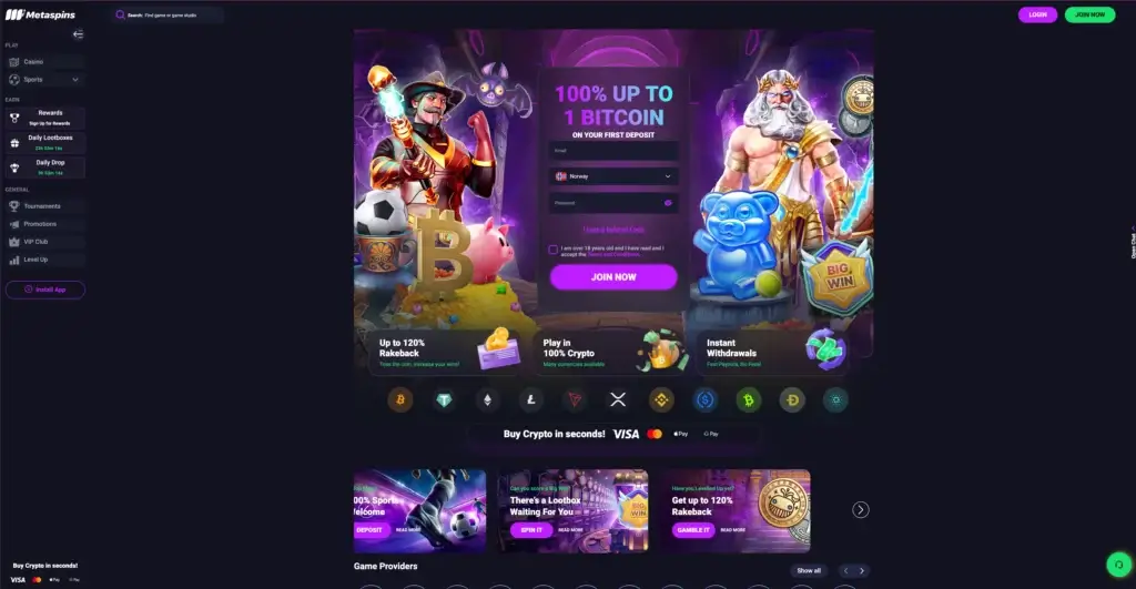 Metaspins casino fremside for registrering
