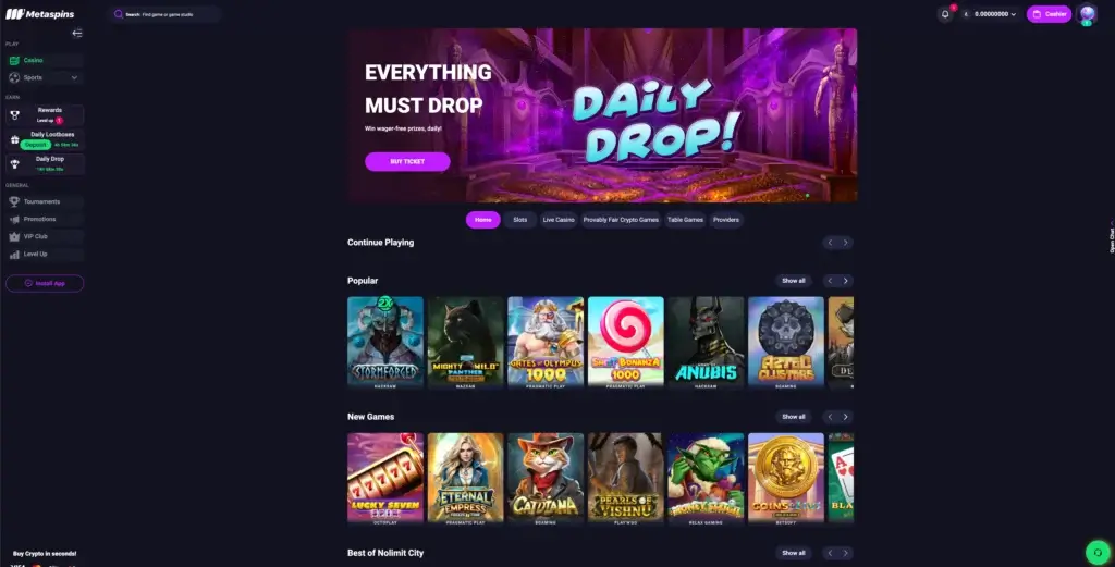 Metaspins litecoin casino skjerm for registering