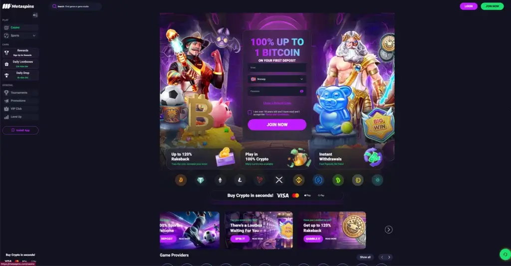 Metaspins kryptocasino startskjerm for å registrere og spille med Litecoin