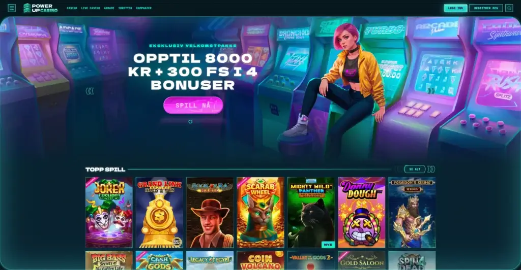 PowerUp casino forside for registrering