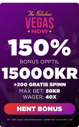 Vegas Now Casino bonuspanel som viser velkomsttilbudet.