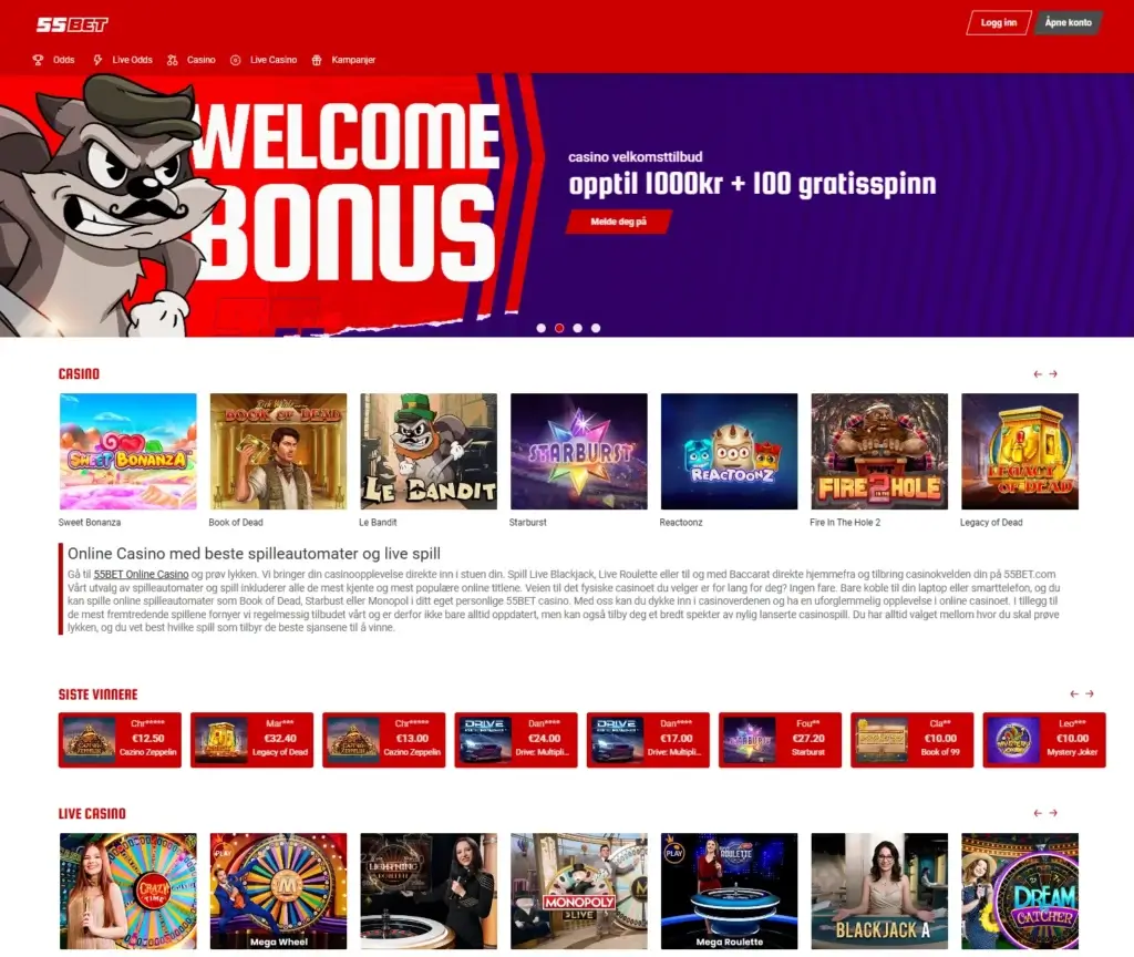 55Bets, et casino med best utbetaling som kombinerer enkelhet og oversiktlige regler.