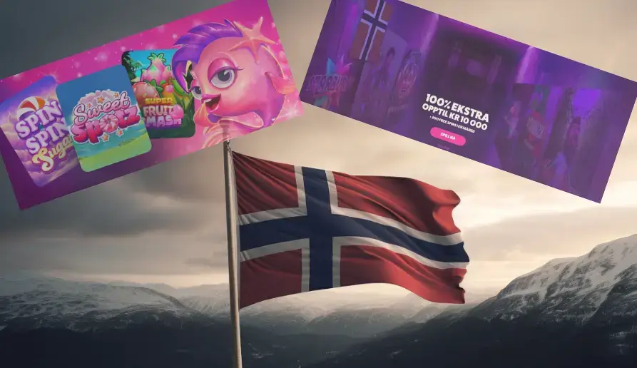 Norge natur med flagg og tilbud fra utenlandske spillsider som står i fare for å bli DNS-blokkerte.