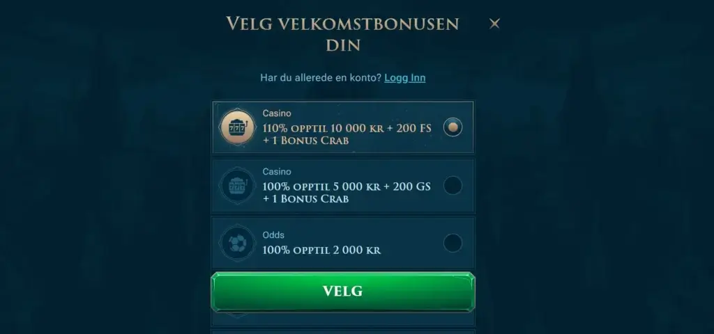 Velg din eksklusive velkomstbonus når du oppretter konto