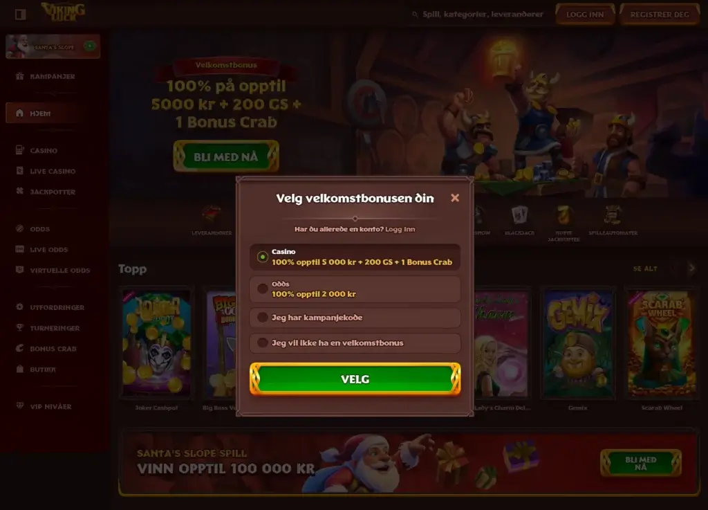 Velg din velkomstbonus under registrering