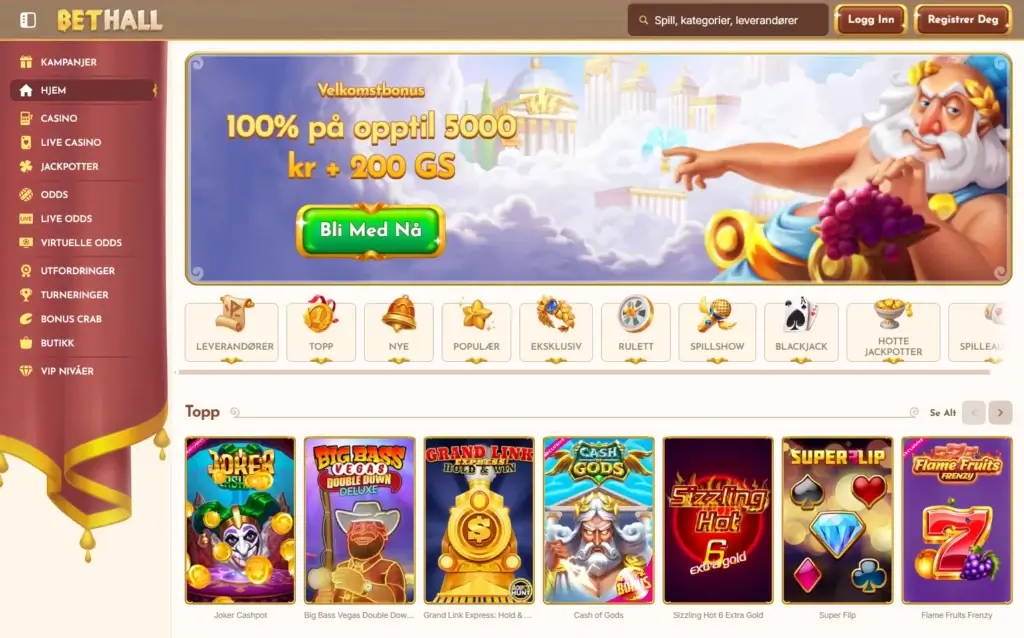 skjermbilde av forsiden på Bethall casino for illustrasjon