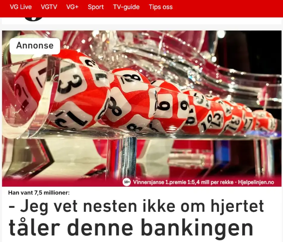 Skjermbilde reklame fra Norsk Tipping publisert på fremsiden i VG søndag 12. januar.