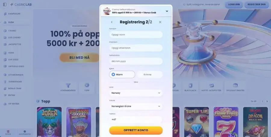Registrering hos CasinoLab