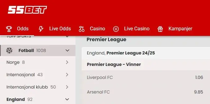 Premier League odds på vinner 