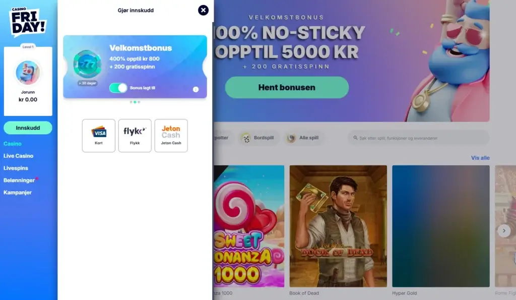 Gjør et innskudd på 200 kr for å motta 400% casino bonus hos CasinoFriday