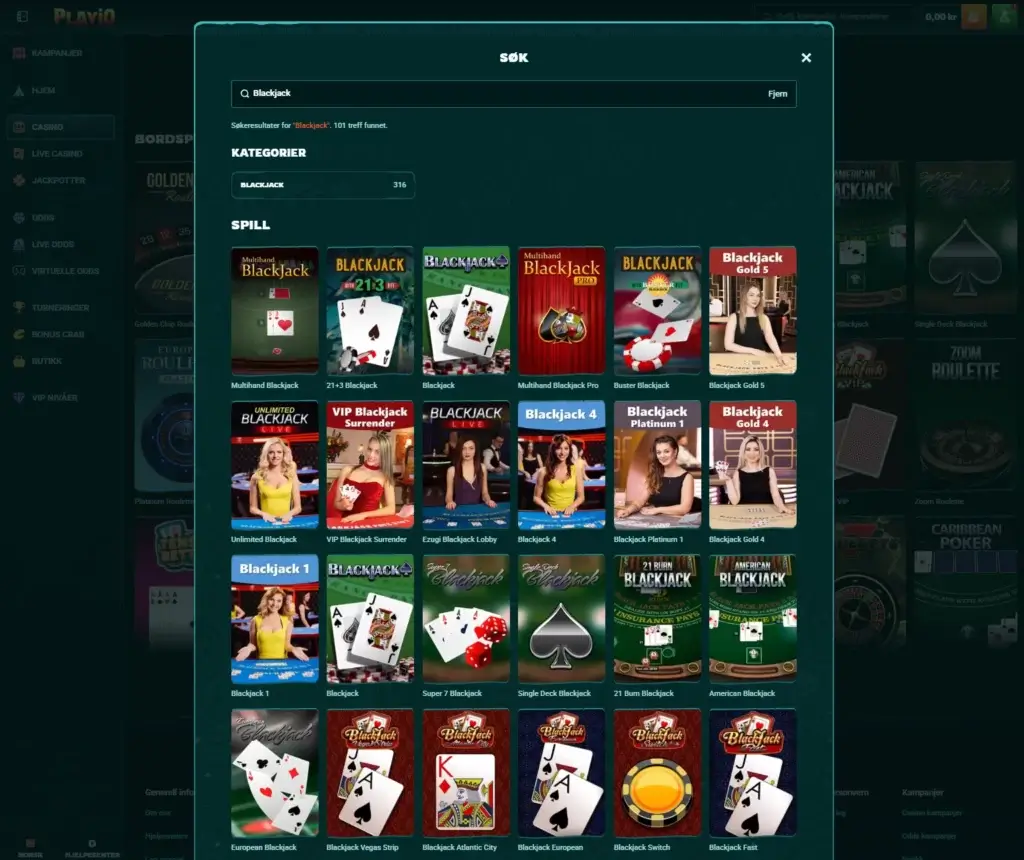 Blackjack hos Playio