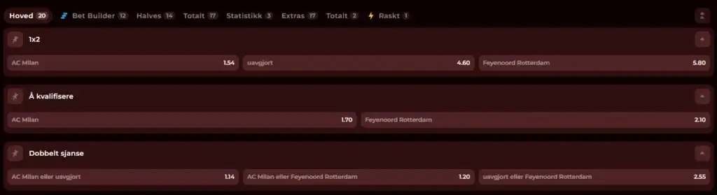 Milan - Feyenoord odds hos Roman Casino