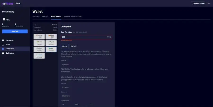 Uttak fra din Jet4bet konto