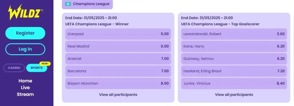 Wildz odds og casino tilbyr mengder av spill på Champions League 