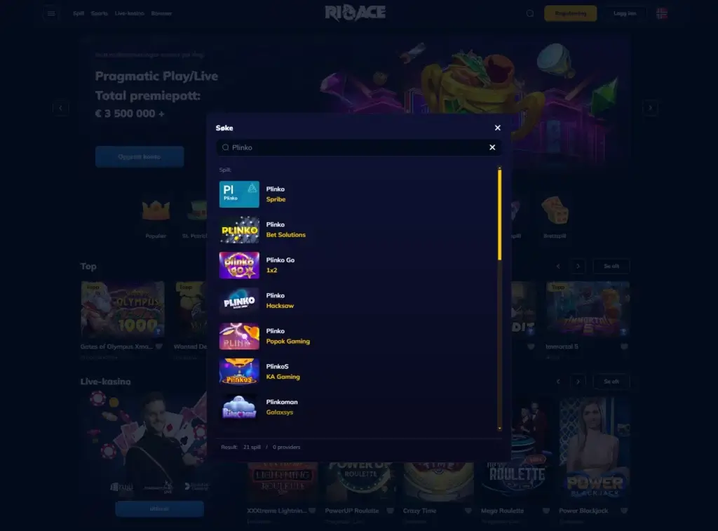 RioAce (21 Plinko-spill)