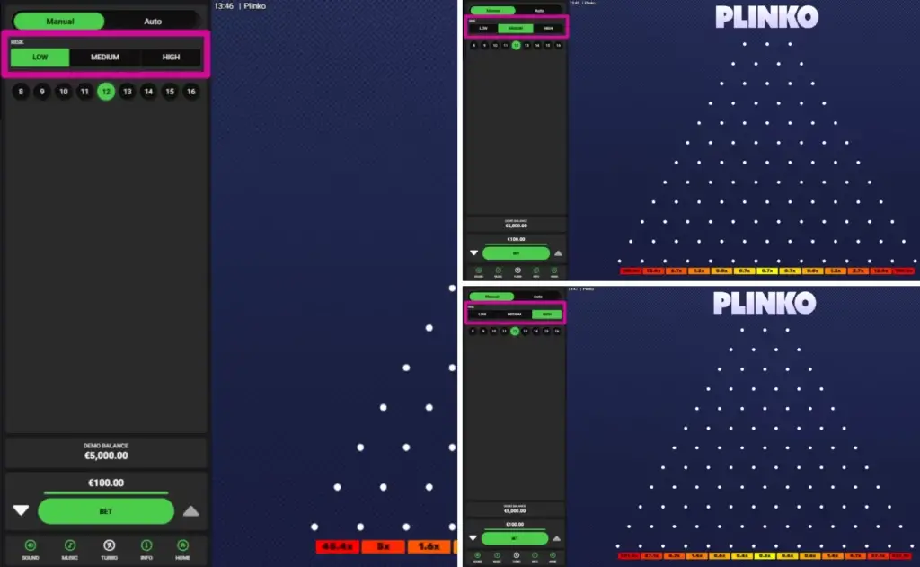Slik spiller du Plinko - Velg risikonivå