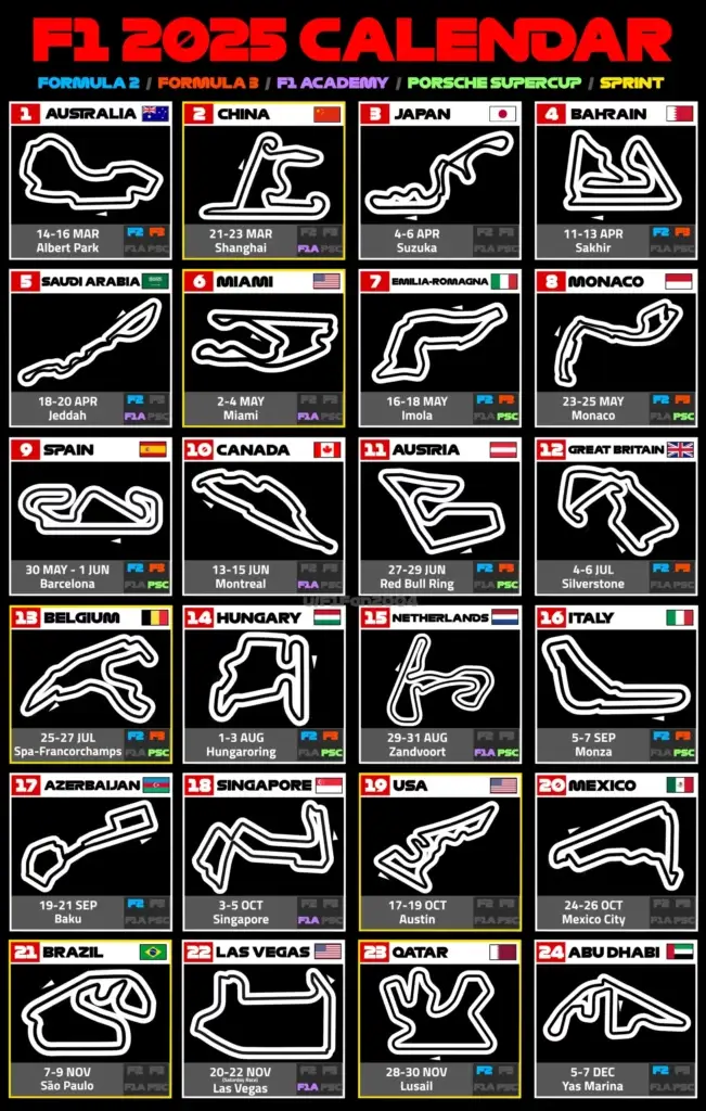 skjermbilde av kalender med lokasjon for hele formel 1 sesongen 2025