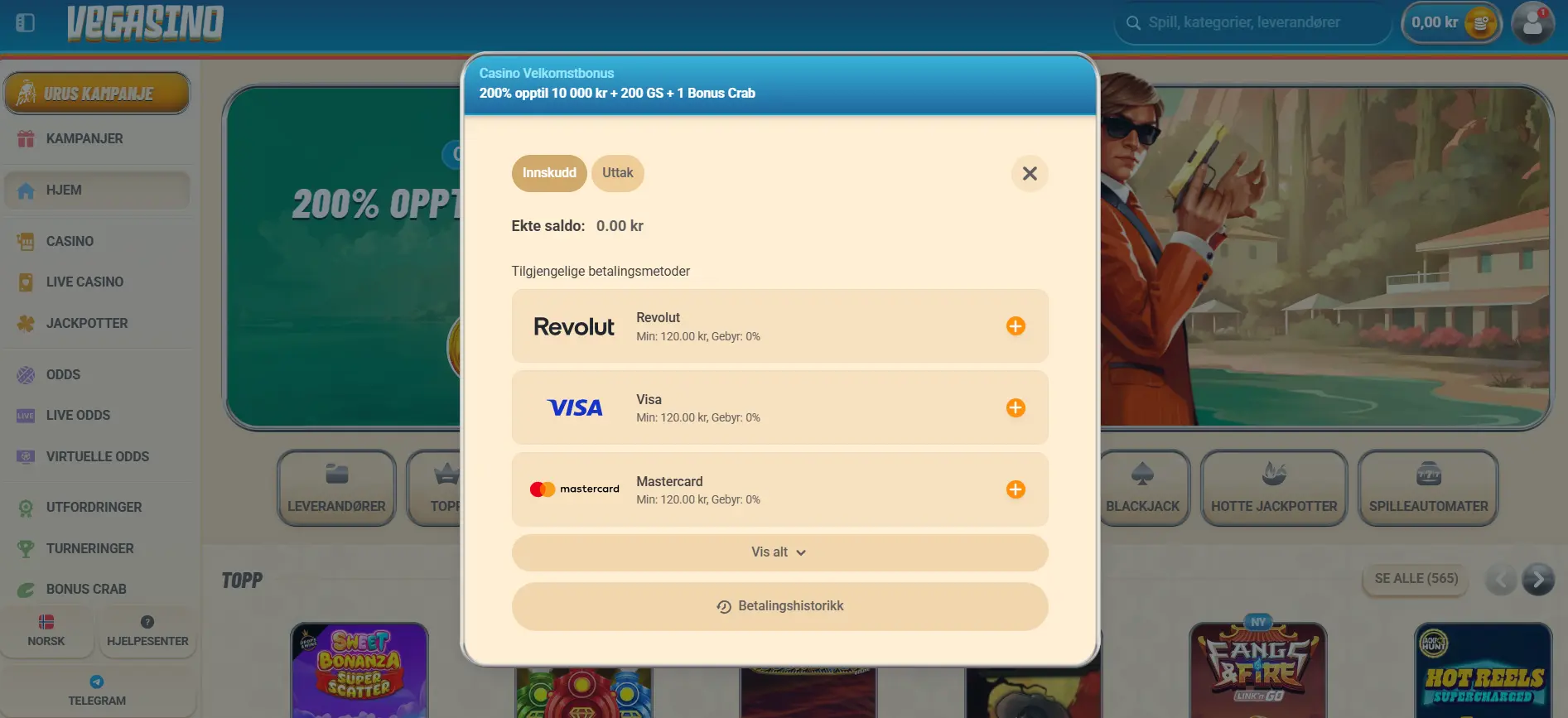 meny for innskudd som viser norske populære betalingsmetoder som Revolut og visakort