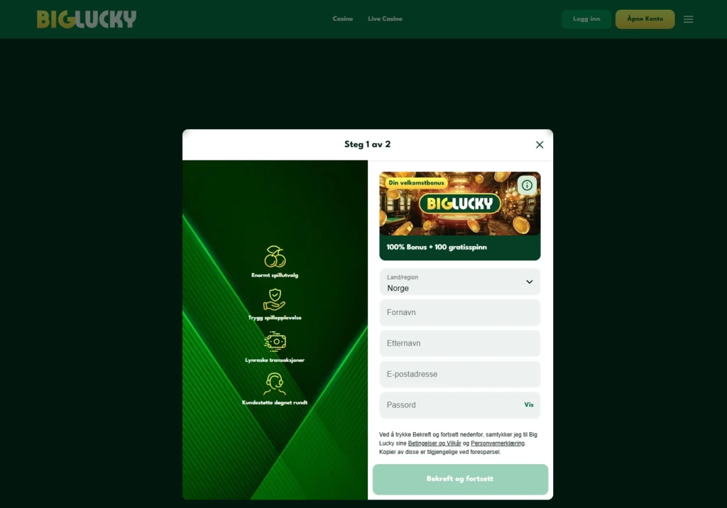 Registrer deg hos Big Lucky casino