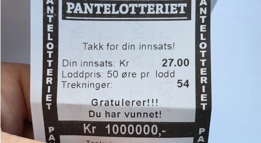 Kvittering med milliongevinst fra pantelotteriet. Slik løser du inn gevinster