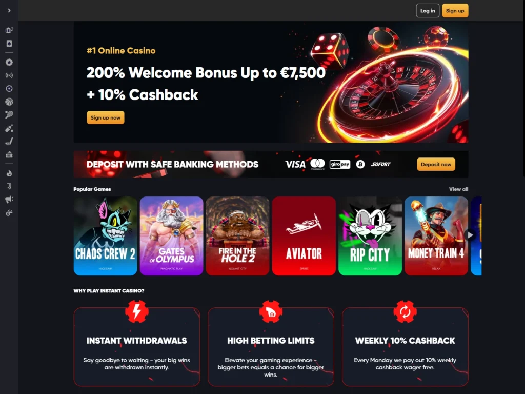 Instant Casino | 200% opptil €7500 + 10% cashback