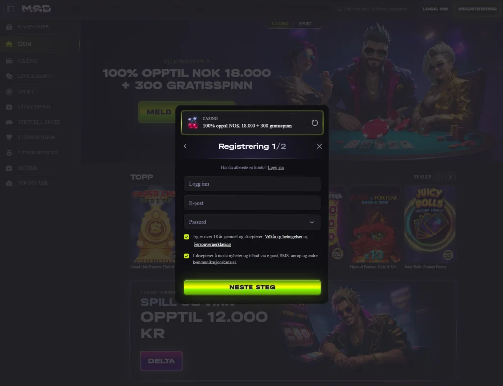Registrer konto hos Madcasino