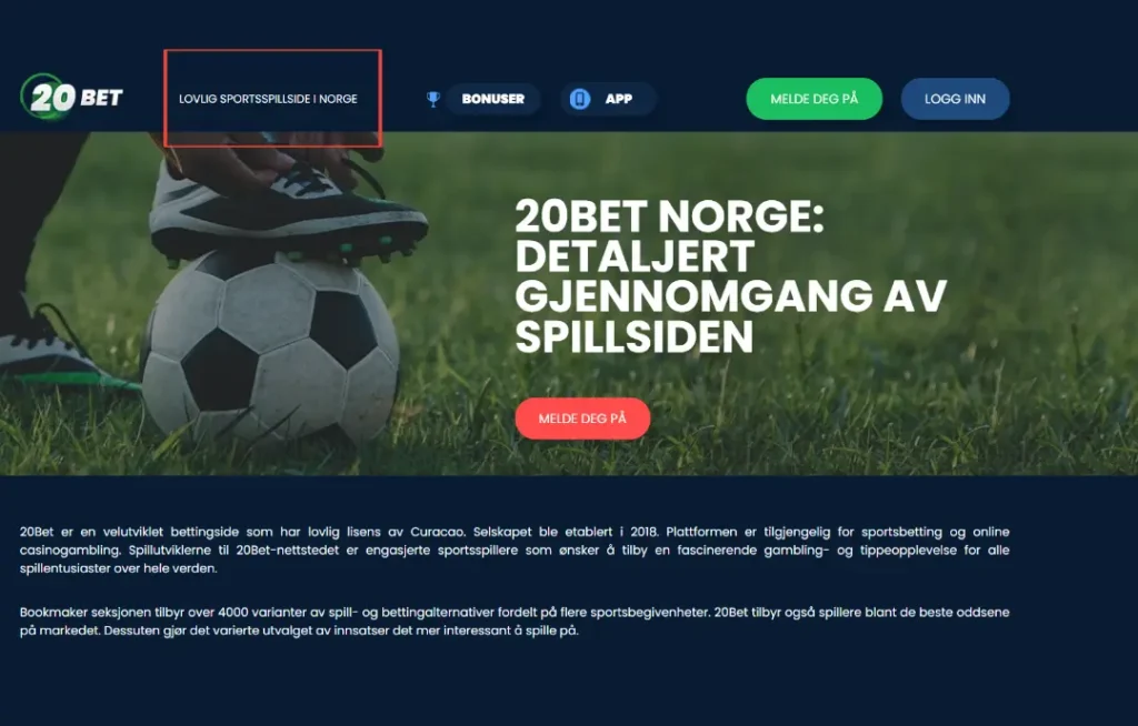 Skjermbilde av den nye landingssiden 20bet.no som ble laget etter at domenet 20bet.com ble DNS-blokkert i april 2025