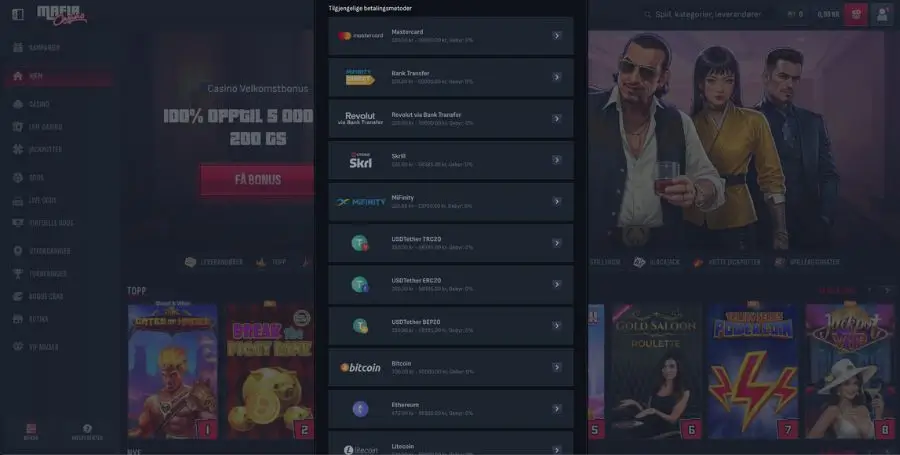 Betalingsmetoder for uttak hos MafiaCasino