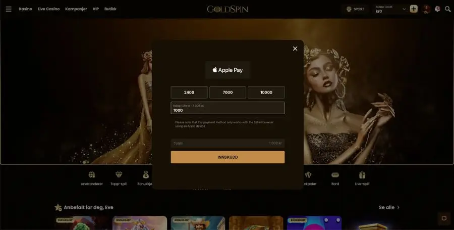 Goldspin innskudd med Apple Pay