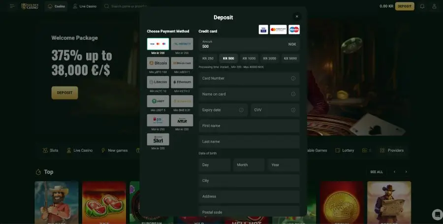 Innskudd hos Goldex Casino