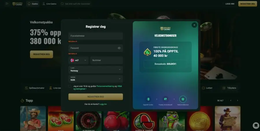 Registrering hos Goldex Casino