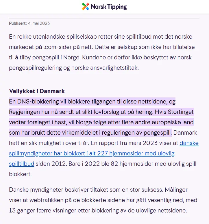 Skjermbilde av blogginnlegg Norsk Tipping mai 2023