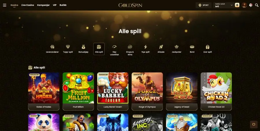 Spillutvalget hos Goldspin